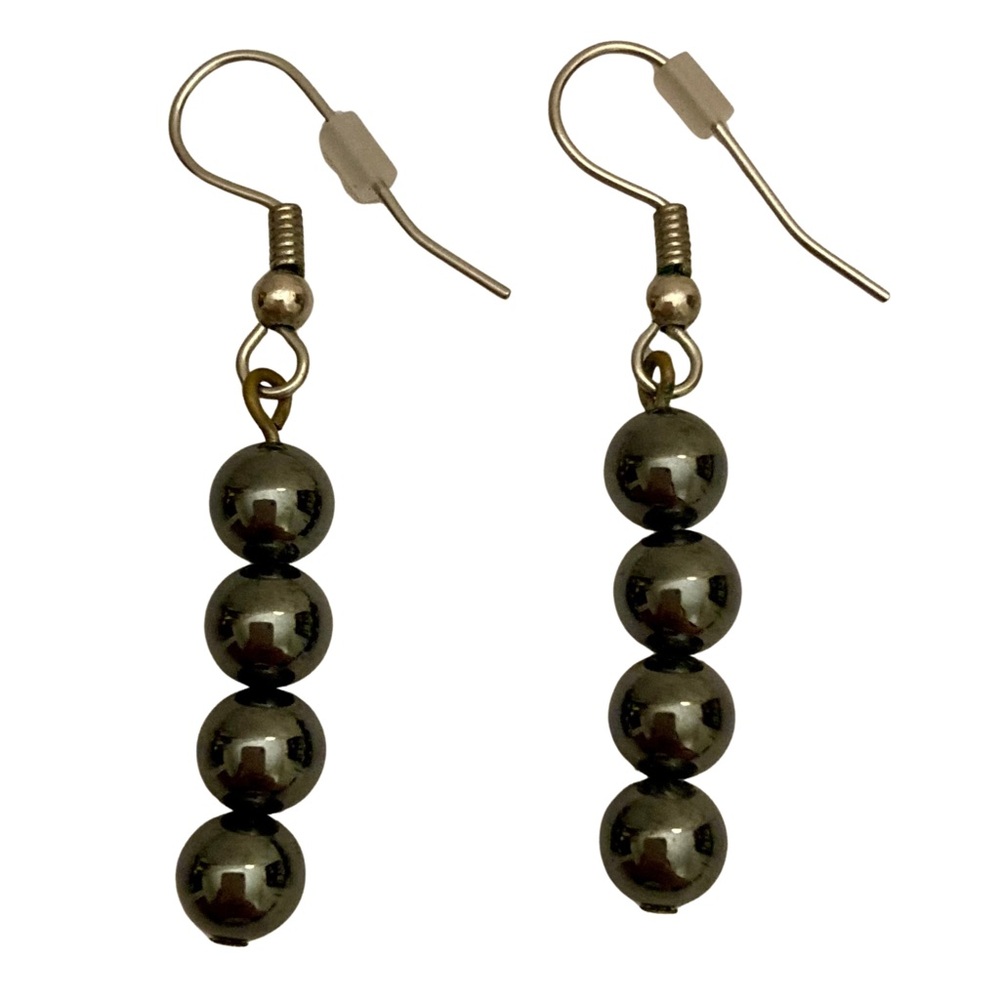 Hematite Beaded Silver Dangle Earrings Fall Retro Art Deco Cocktail Jewelry